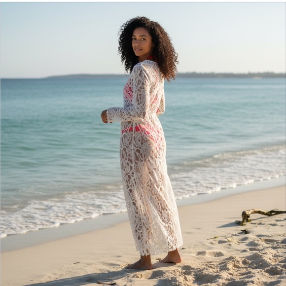Alexia Admor Crochet Lace Beach Cover-Up Long Maxi Dress, White, Size XS - Picture 2 of 9